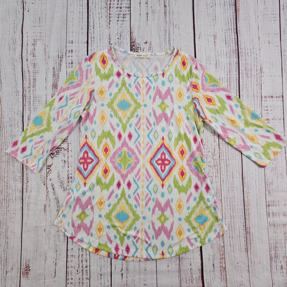 Indigo Soul Bright Spring Ikat Print 3/4 Sleeve Tunic Top Women's S
